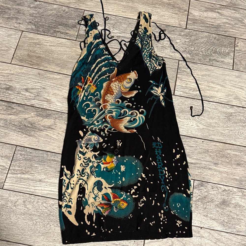 Ed Hardy laced  Black and Teal Artistic Dress - Picture 3 of 7